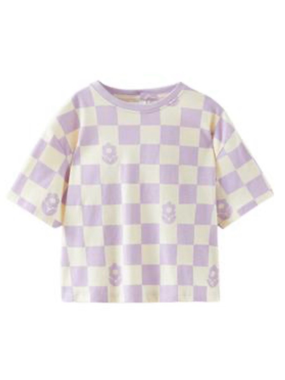 Zara Girls Mauve Pastel Purple Checkerboard Floral Short Sleeve T-Shirt Size 7